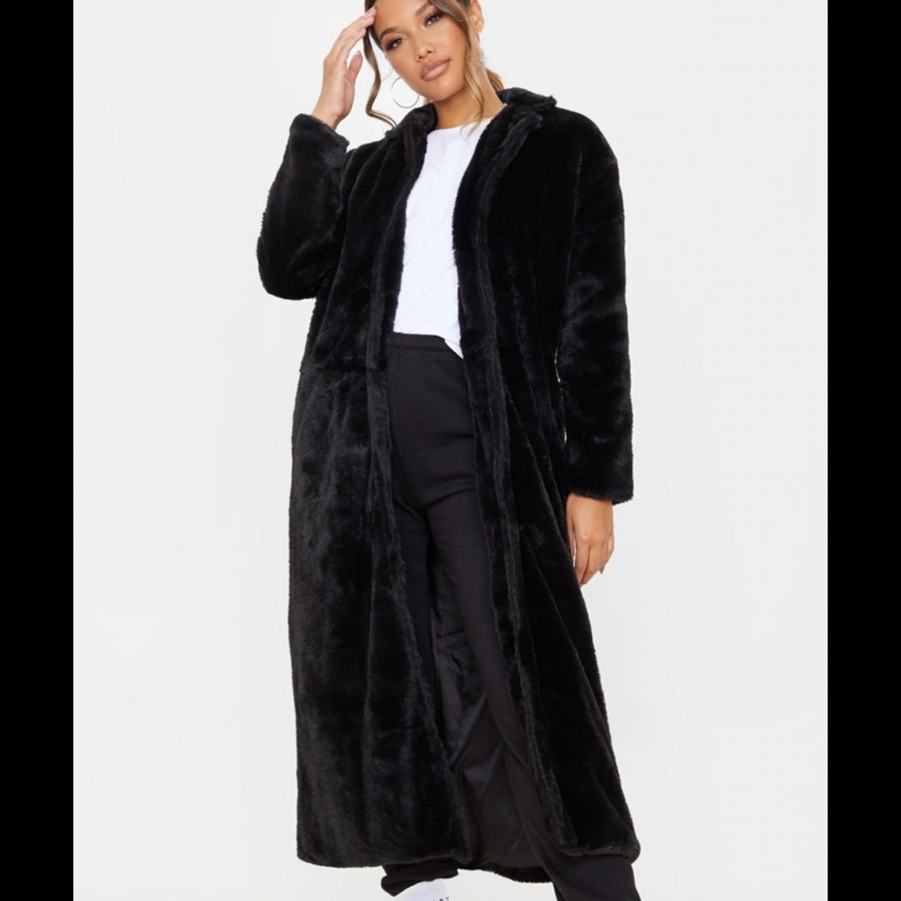 NWOT black longline fur jacket